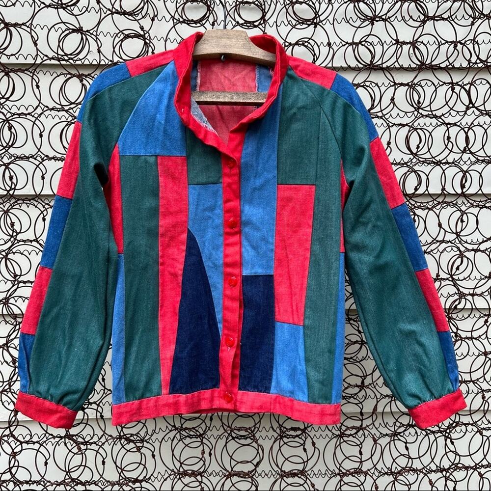 Vintage handmade color block denim patchwork jean jacket